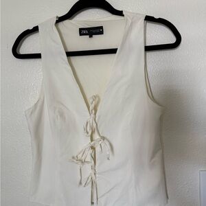 Zara White Sleeveless Fitted Tank Top with Tie Front